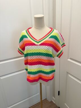 JODIFL Multicolor Striped V-Neck Knit Top - Pink, Green, Orange, Yellow, White